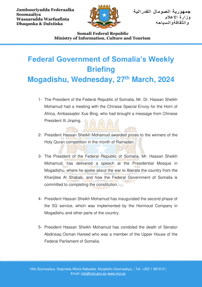 Federal Government of Somalia’s Weekly Briefing Mogadishu, Wednesday, 27th March, 2024
